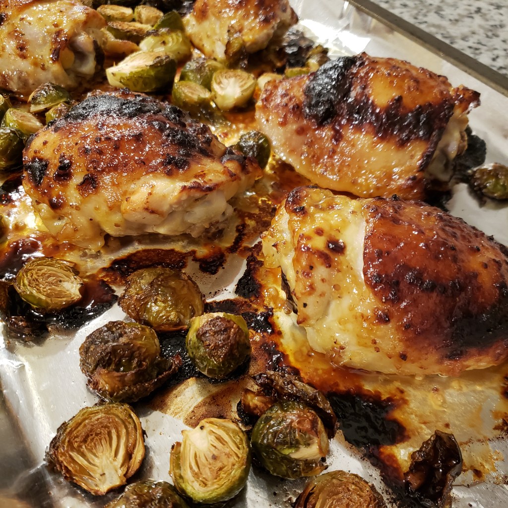 Honey-mustard chicken thighs with Brussels sprouts